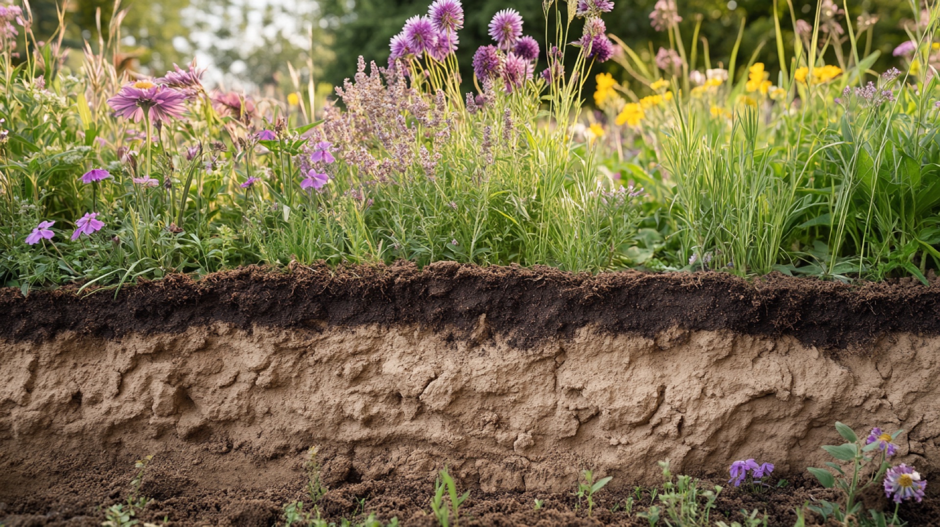 Doorsnede-foto van een tuinbed met zichtbare bodemlagen en wortels — Tuinzen bodemkoppeling