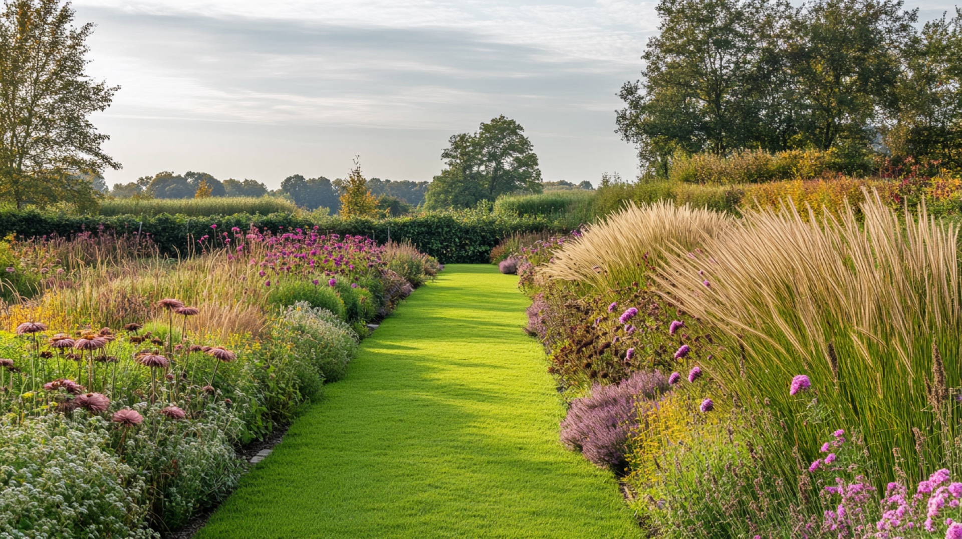 Ruime Nederlandse tuin met symmetrische borders vol siergrassen en purperen bloei — Piet Oudolf-stijl, herfstlicht