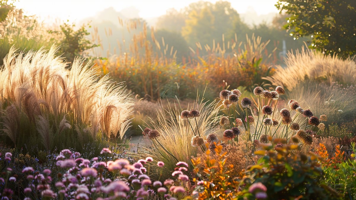 Naturalistische Nederlandse border met siergrassen, Echinacea en Sedum in herfstlicht
