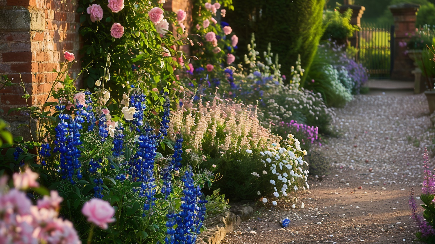 Engelse romantische tuin met rozen en delphinium