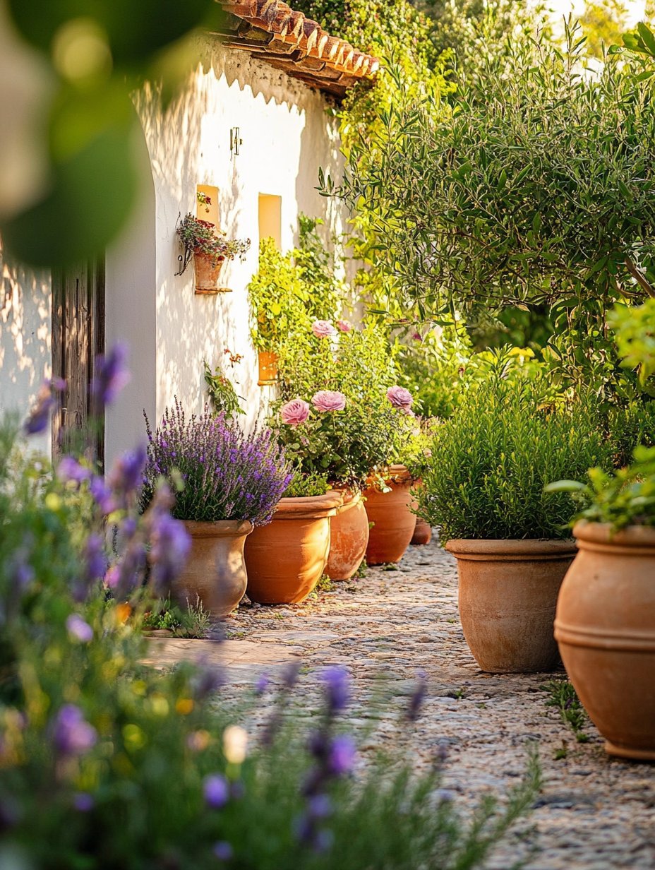 Mediterrane tuin met lavendel, rozemarijn en olijfboom in zomerzon — Tuinzen beplantingsplan