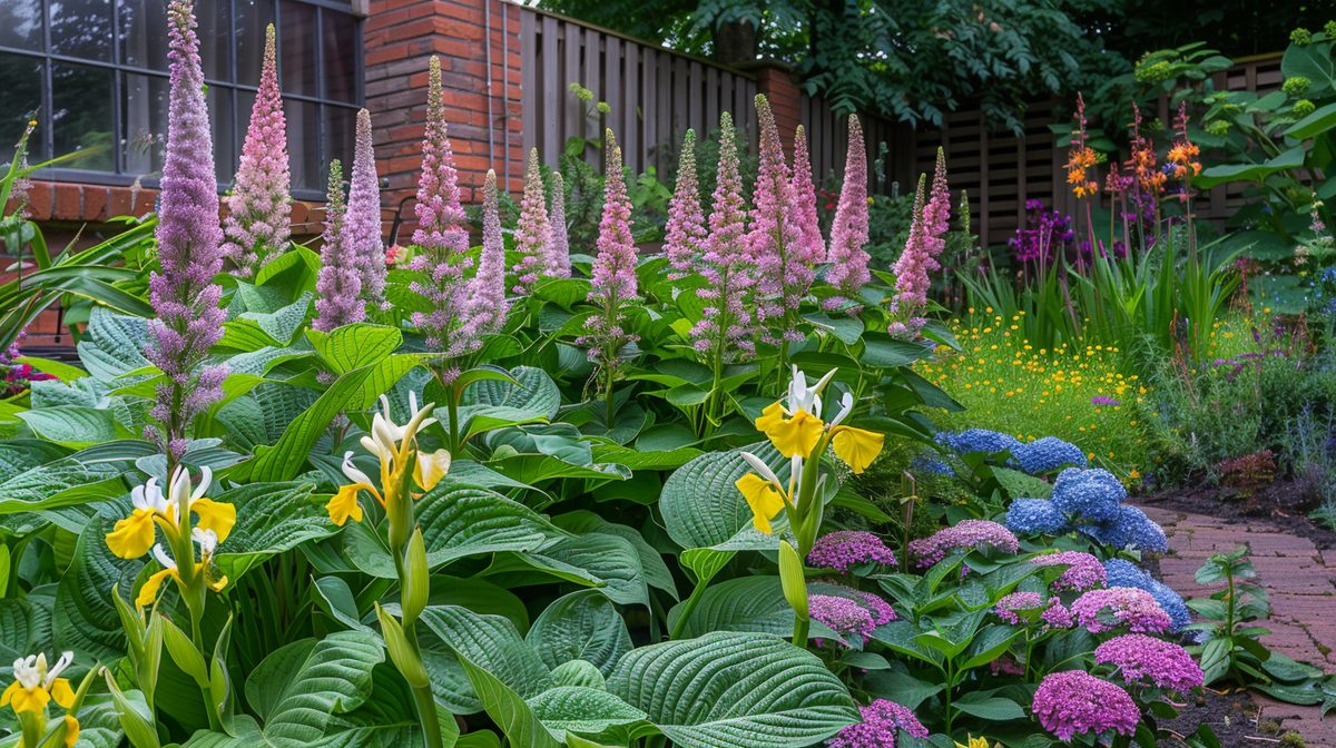 Weelderige border op kleigrond met Astilbe, Hosta en daglelies in volle bloei