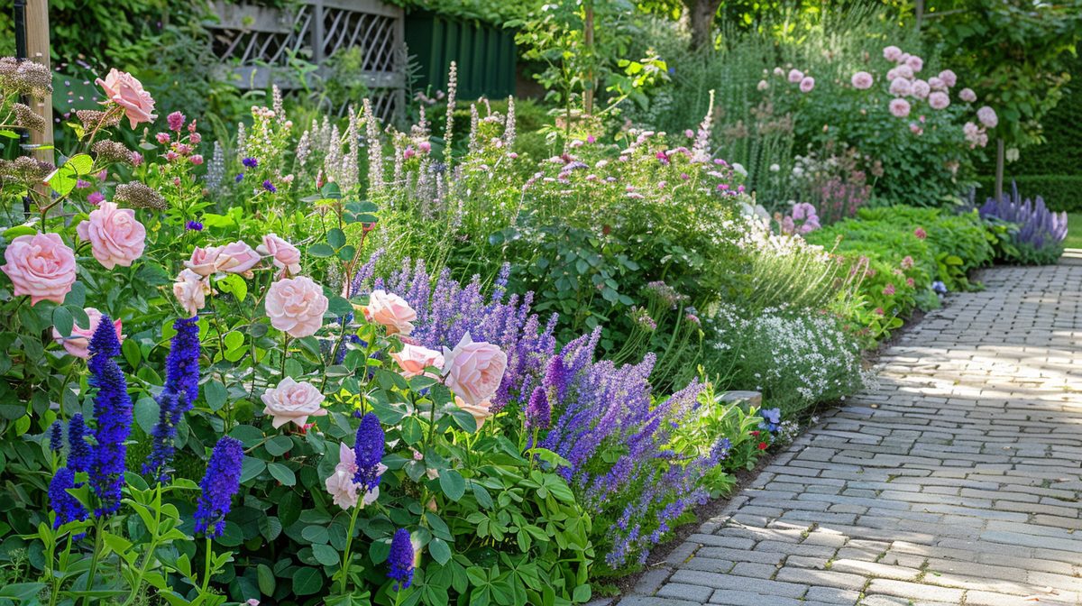 Klassieke Engelse border op leemgrond met rozen, Salvia en delphinium