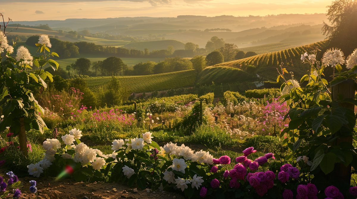 Glooiende lössakker in Zuid-Limburg met wijngaard en bloemenborder