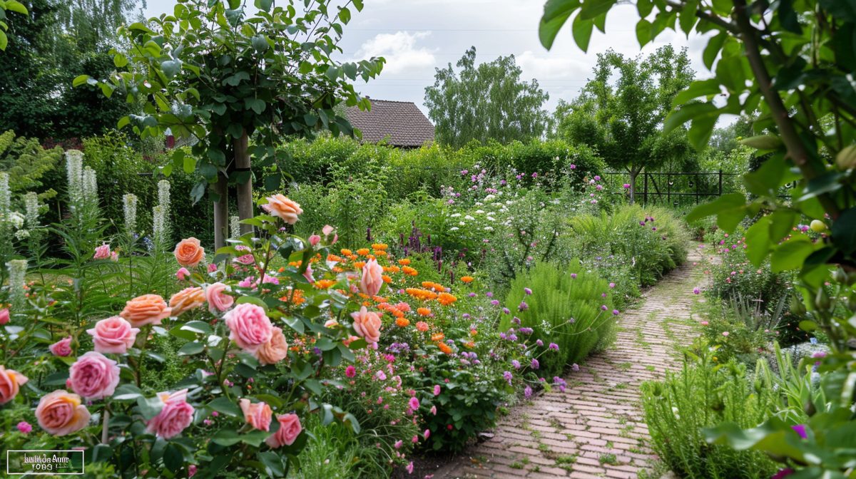 Weelderige border op rivierklei in de Betuwe met rozen, Phlox en Helleborus