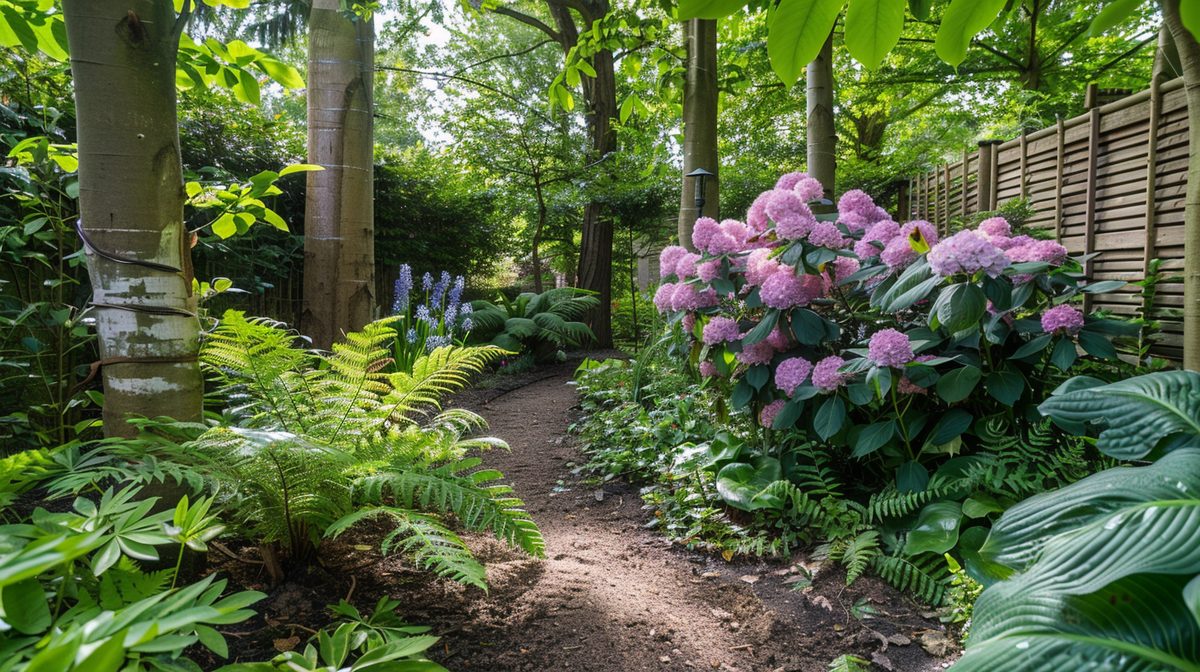 Weelderige zuurminnende border op veengrond met Rhododendron, Hortensia en varens