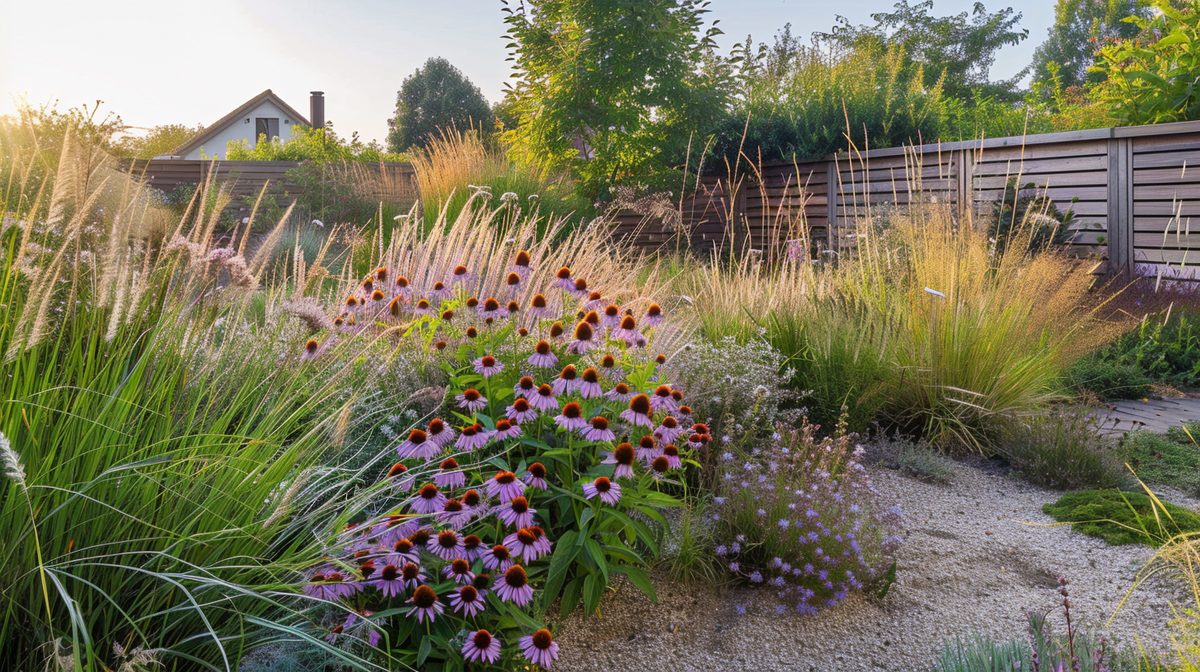 Droogtetolerante border op zandgrond met lavendel, siergrassen en Echinacea