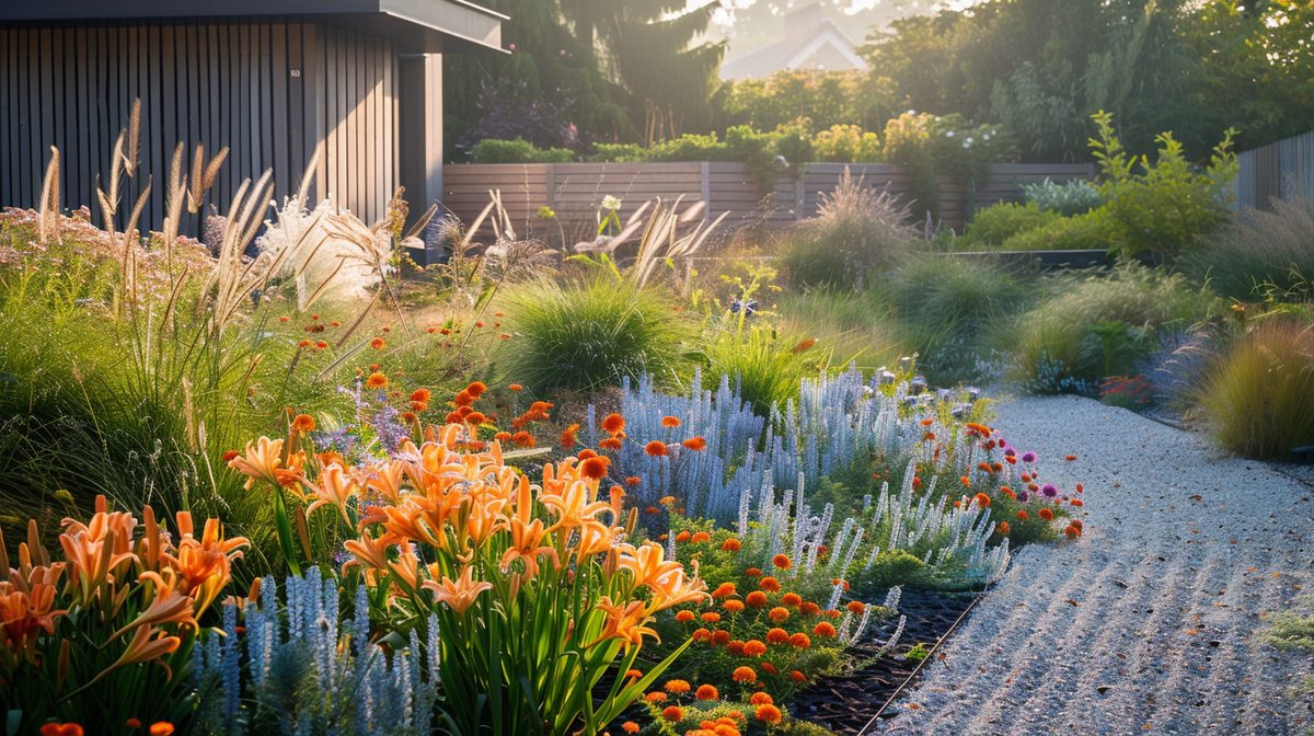 Robuuste border op zeeklei met daglelies, Eryngium en Tamarix