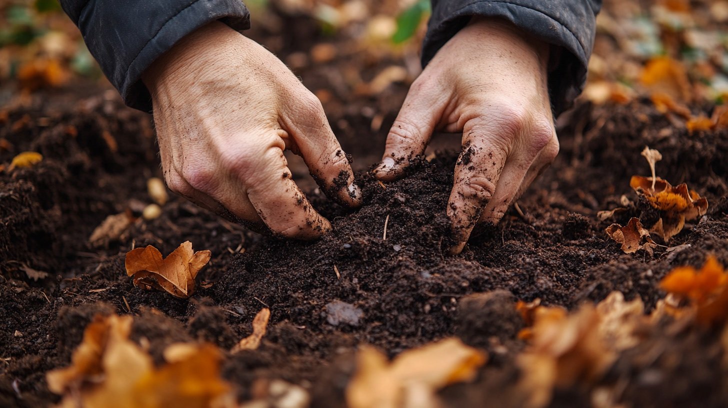 Handen met donkere compost boven najaarsgrond