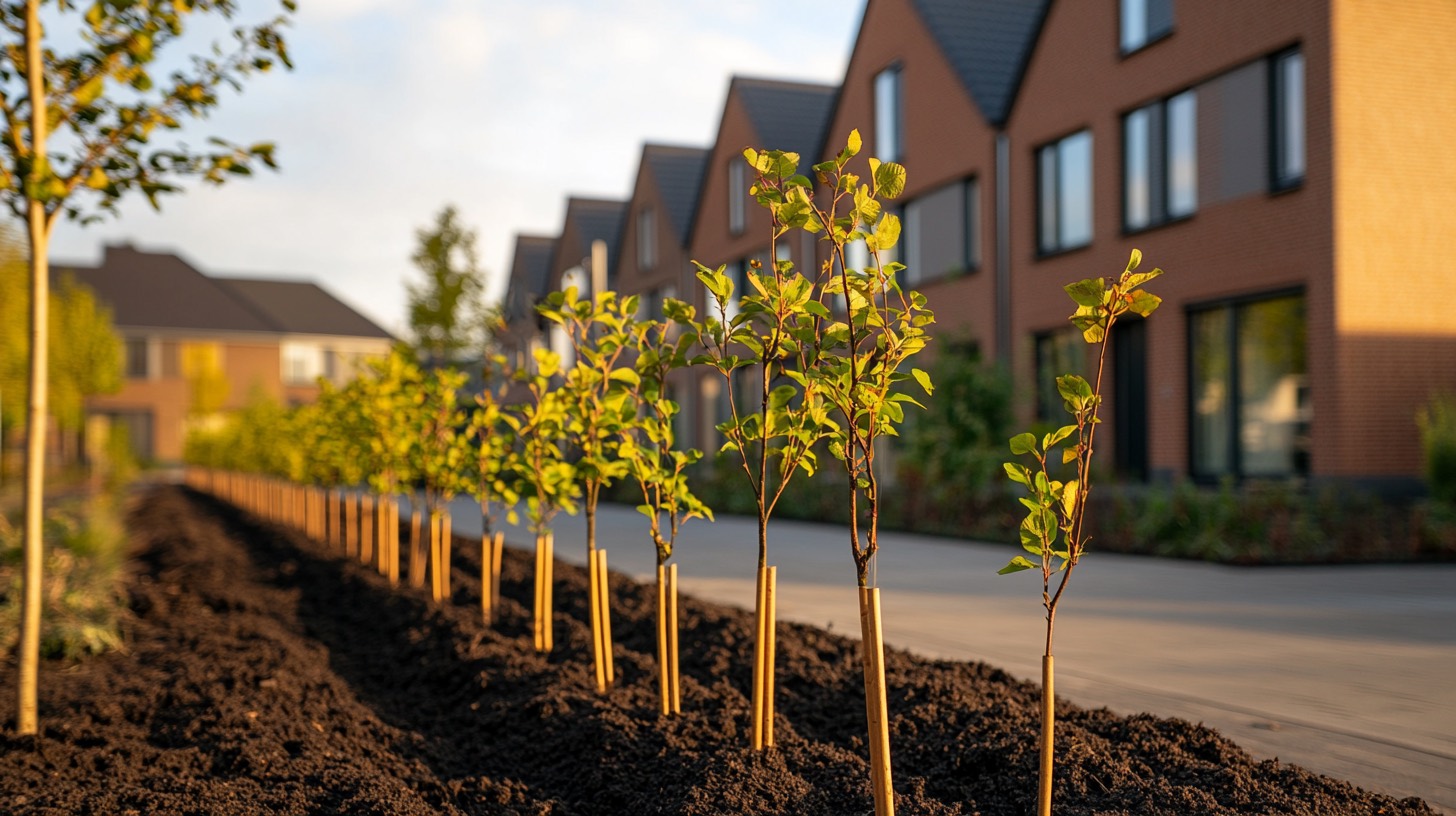 Jonge haag als erfafscheiding in een nieuwbouwwijk op verse, kale grond