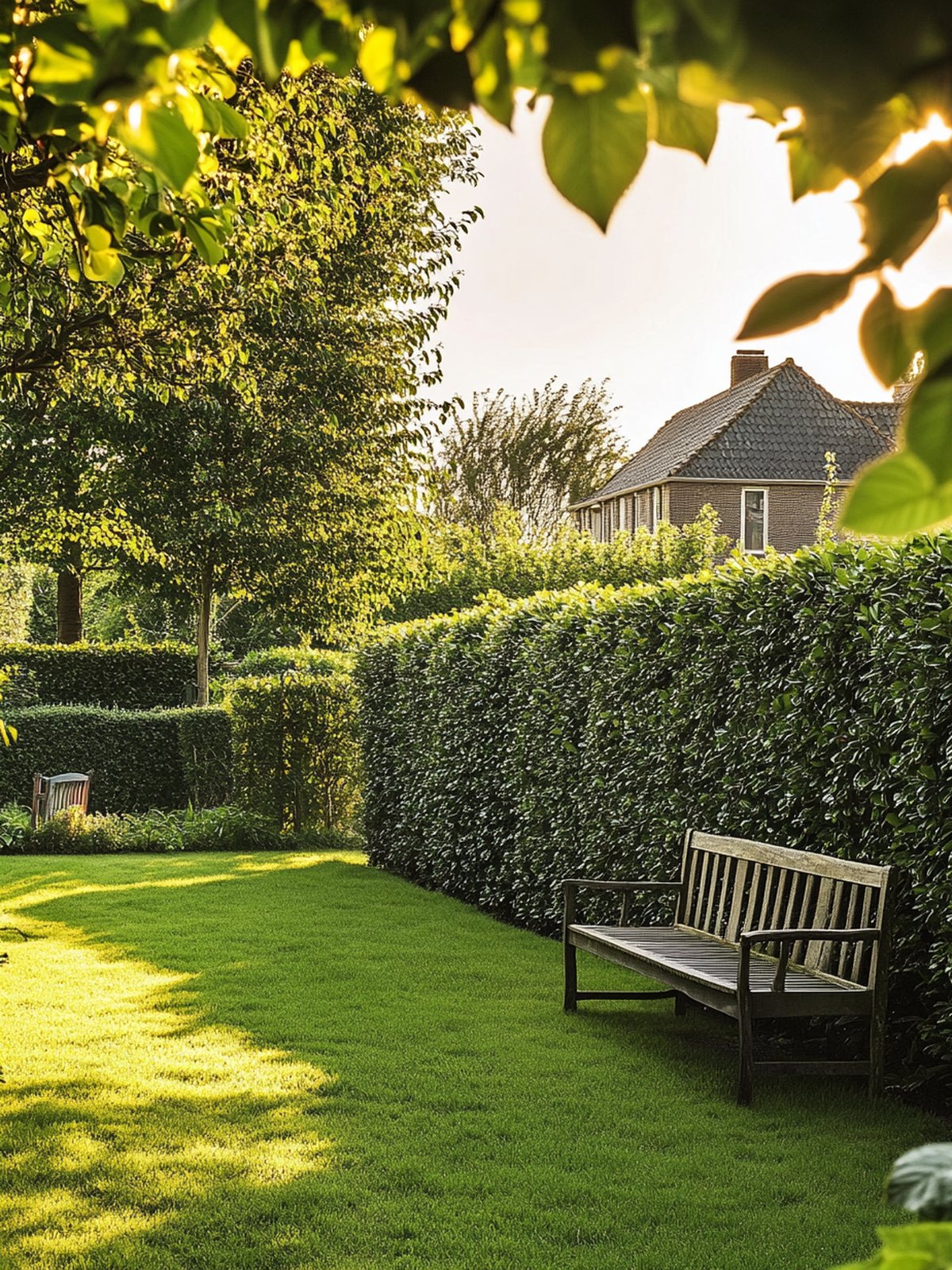 Prunus laurocerasus haag — glanzend groen leerachtig blad in voortuin