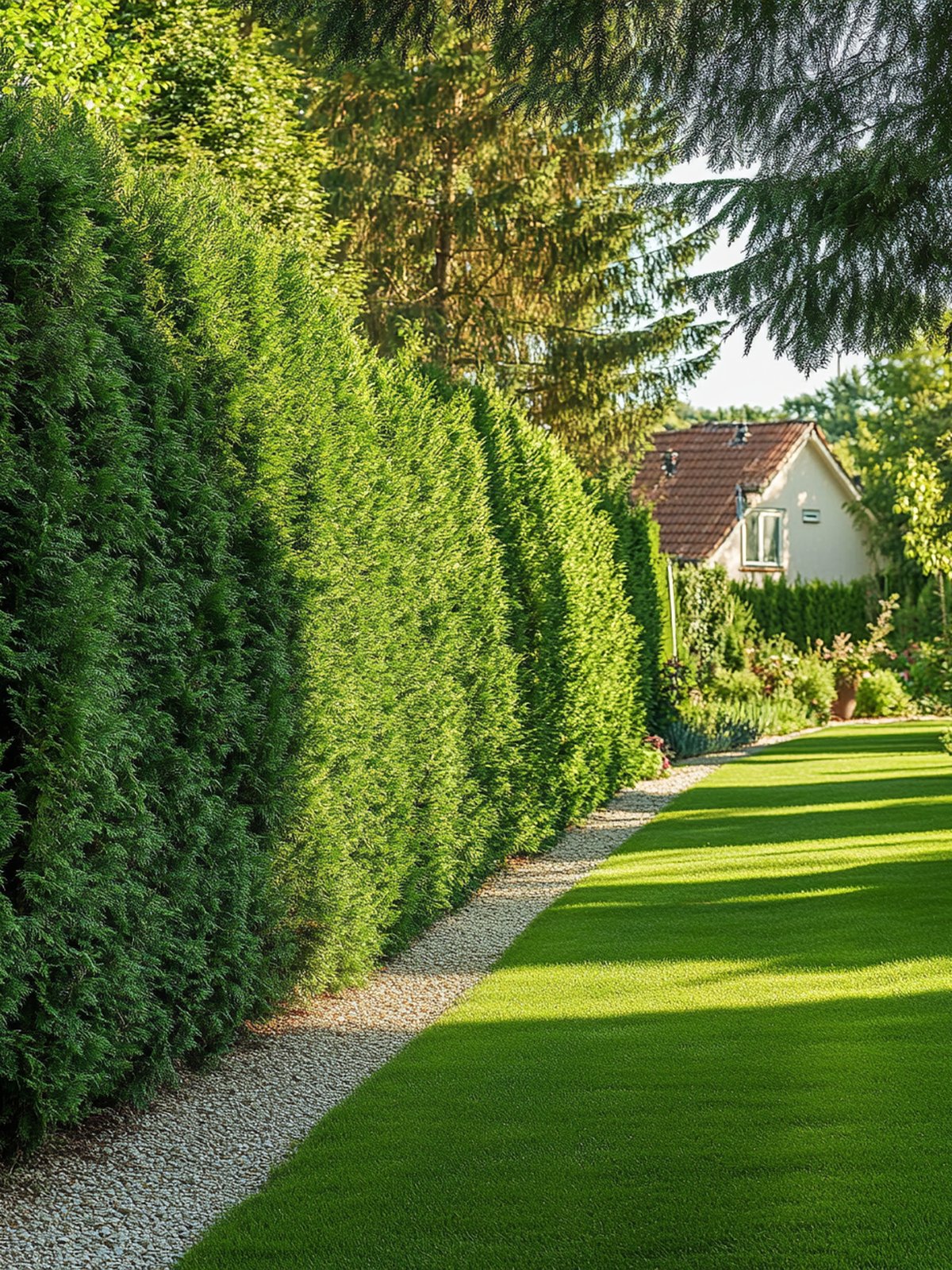 Cupressocyparis leylandii haag — donkergroene zachte conifeer-massa langs erfgrens