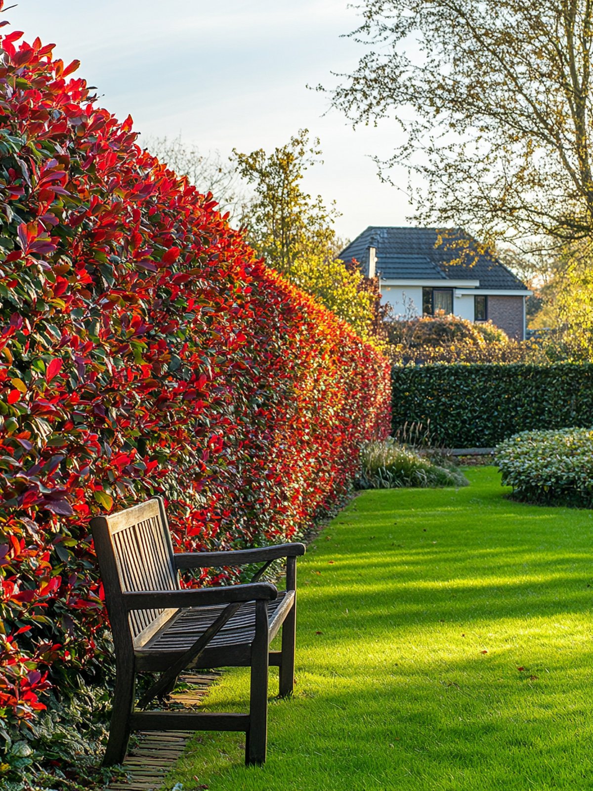 Photinia × fraseri Red Robin haag — felrode jonge scheuten boven donkergroen oud blad