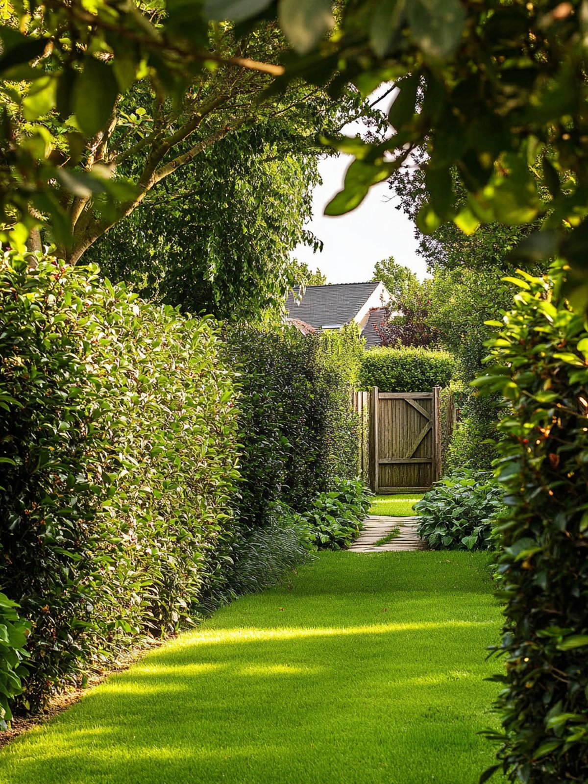 Prunus lusitanica haag — elegant donkergroen blad met roodbruine bladsteeltjes