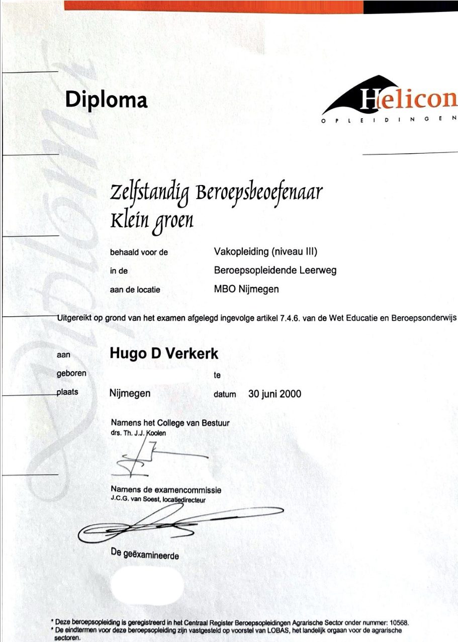 Hovenier-diploma van Hugo Verkerk — Vakopleiding Klein groen, MBO niveau III, Helicon Nijmegen, 30 juni 2000