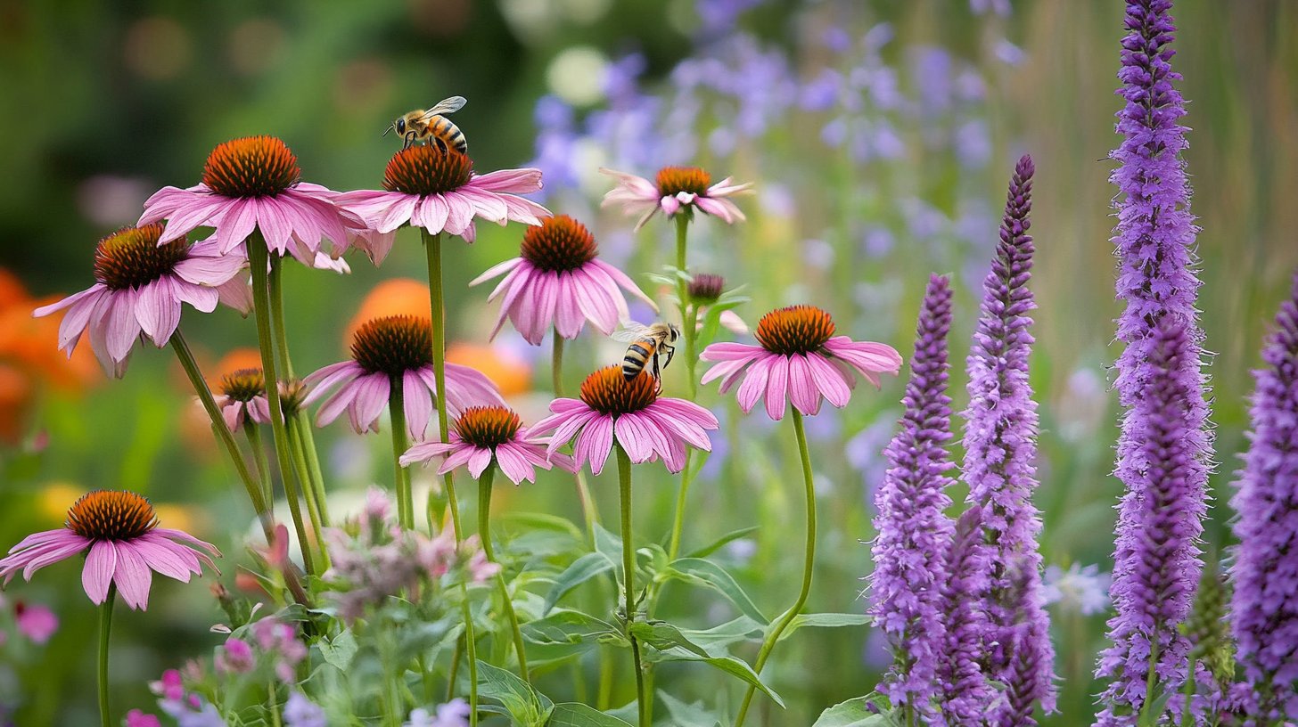 Bijvriendelijke tuin met bezoekende bij op Echinacea, lavendel en oregano