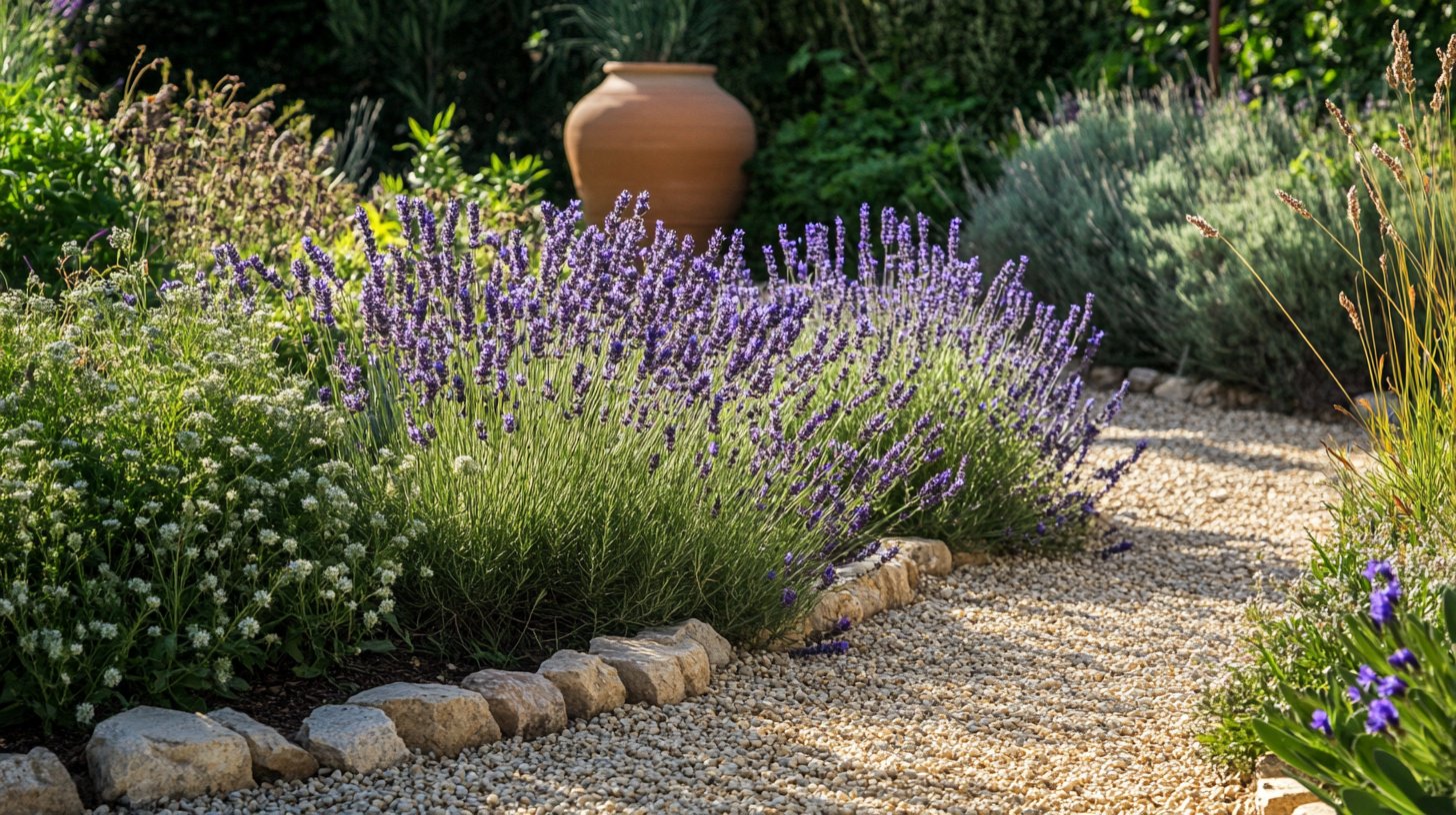Mediterrane tuin met lavendel, olijfboom, terracotta potten en natuursteen