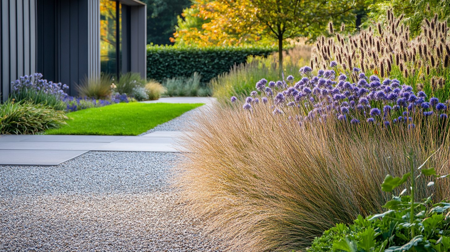 Moderne strakke tuin met geometrische borders, siergrassen en beton-elementen