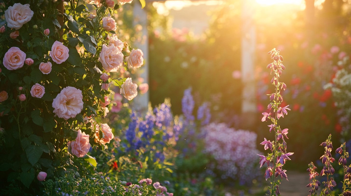 Romantische cottage tuin met David Austin rozen, vingerhoedskruid en delphinium