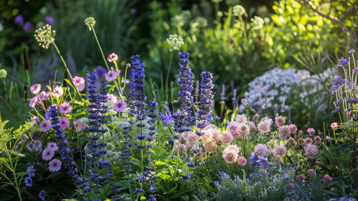 Naturalistische Nederlandse vasteplanten-border met Salvia, Geranium en Astrantia in zachte zomerlicht