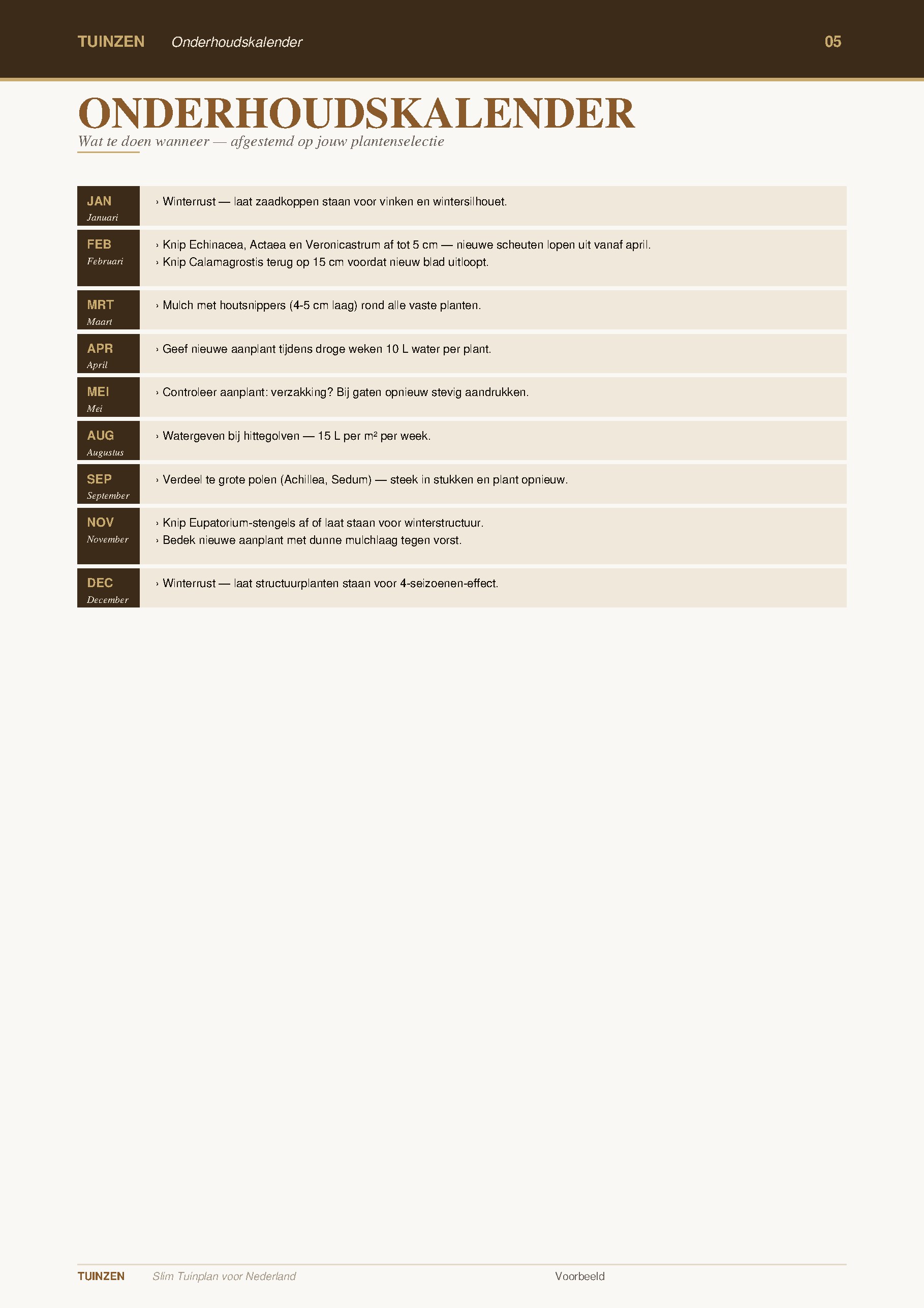 Onderhoudskalender met maandelijkse acties per plantselectie