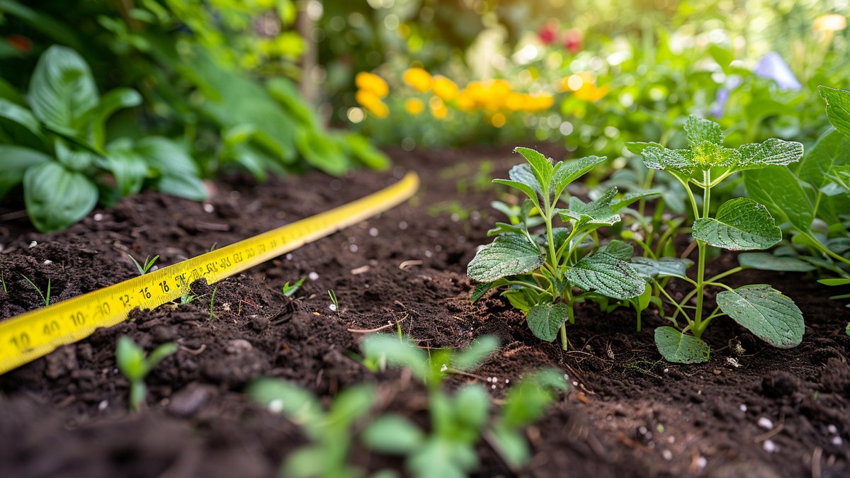 Meetlint over verse tuinaarde met jonge vaste planten klaar om te planten