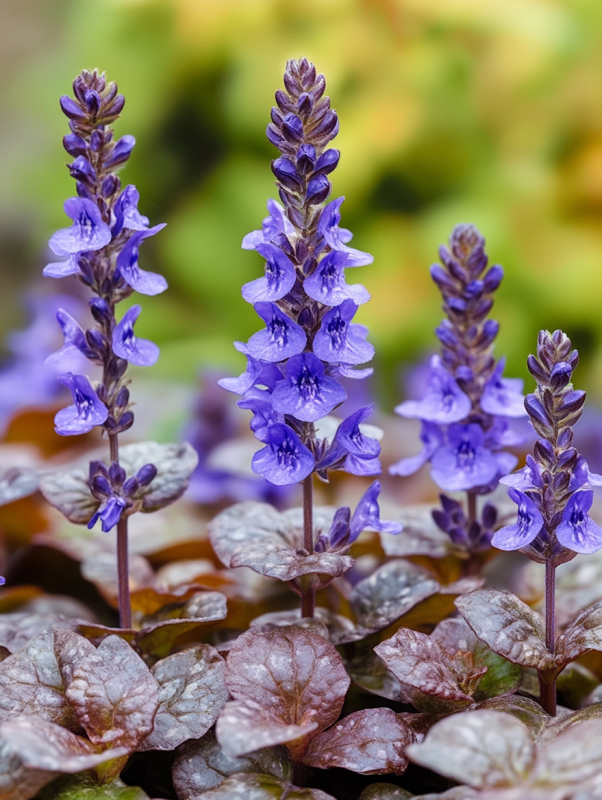 Ajuga reptans — dicht bladtapijt met rechtopstaande kaarsjes van diepblauwe lipbloemen