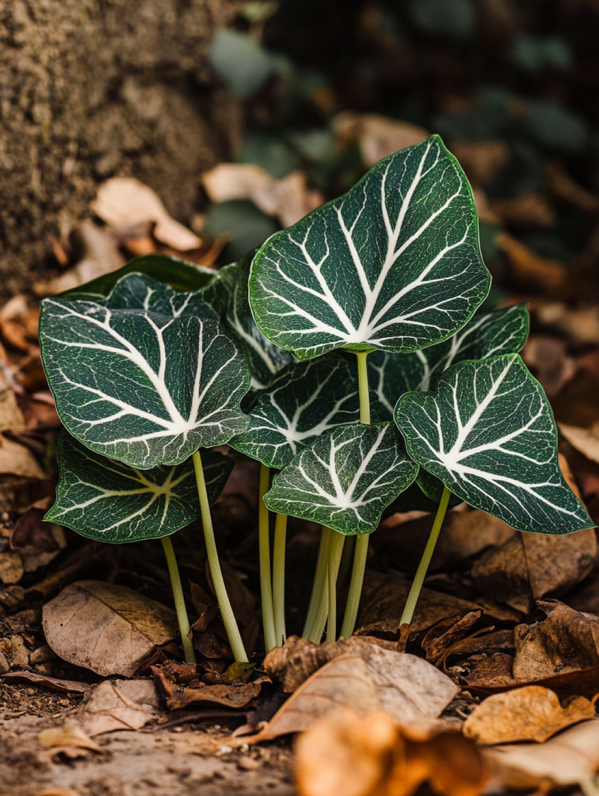 Arum italicum — pijlvormig donkergroen blad met opvallende zilverwitte adering op de winterse bosbodem