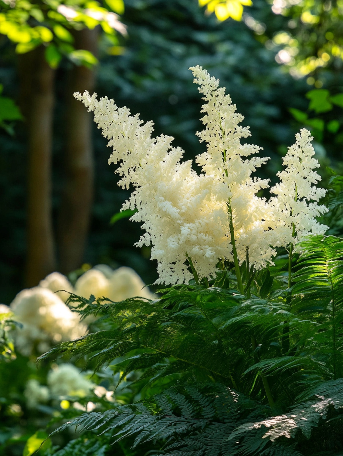Aruncus dioicus in volle bloei — romige pluimen boven donkergroen gevederd blad in halfschaduw