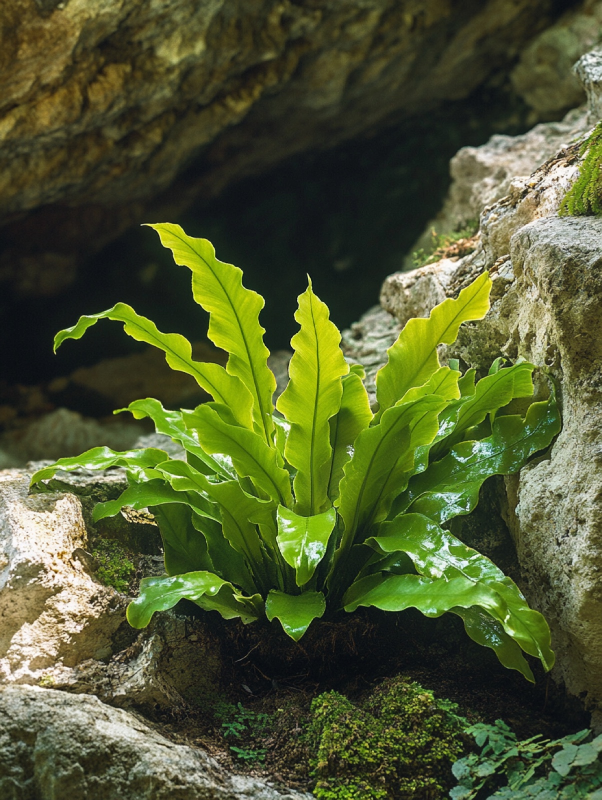 Asplenium scolopendrium — rozet van gave glanzend groene tongvormige varenbladeren tegen een kalkstenen muur