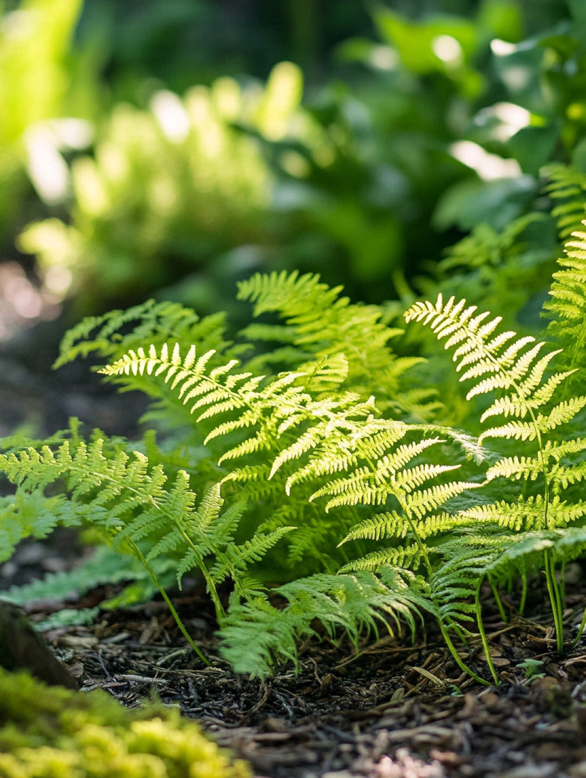 Athyrium filix-femina — lichtgroen gevederd varenblad tegen bosgrond met bladstrooisel