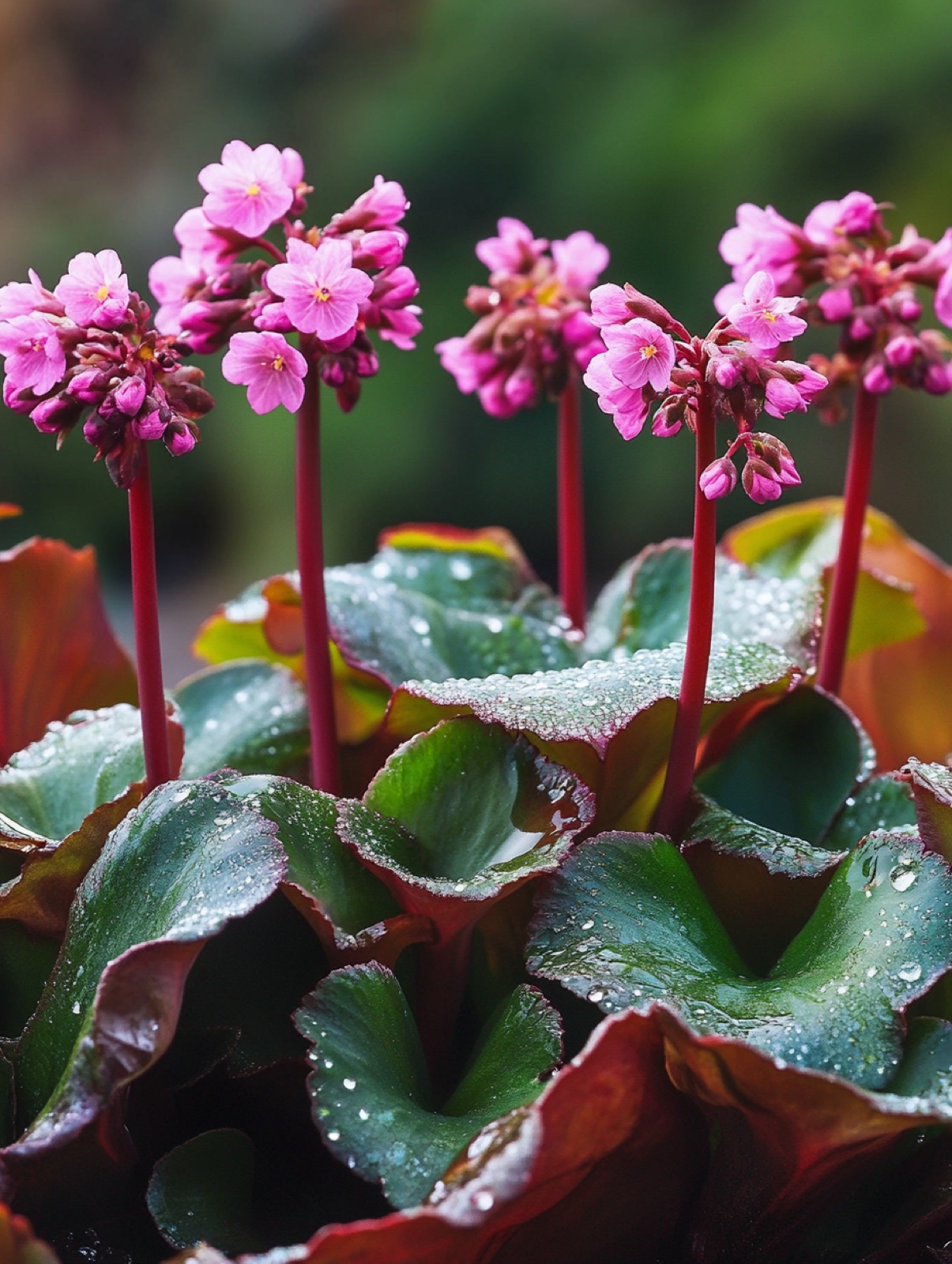 Bergenia cordifolia — glanzende ronde bladeren en roze bloemschermen in vroege lente