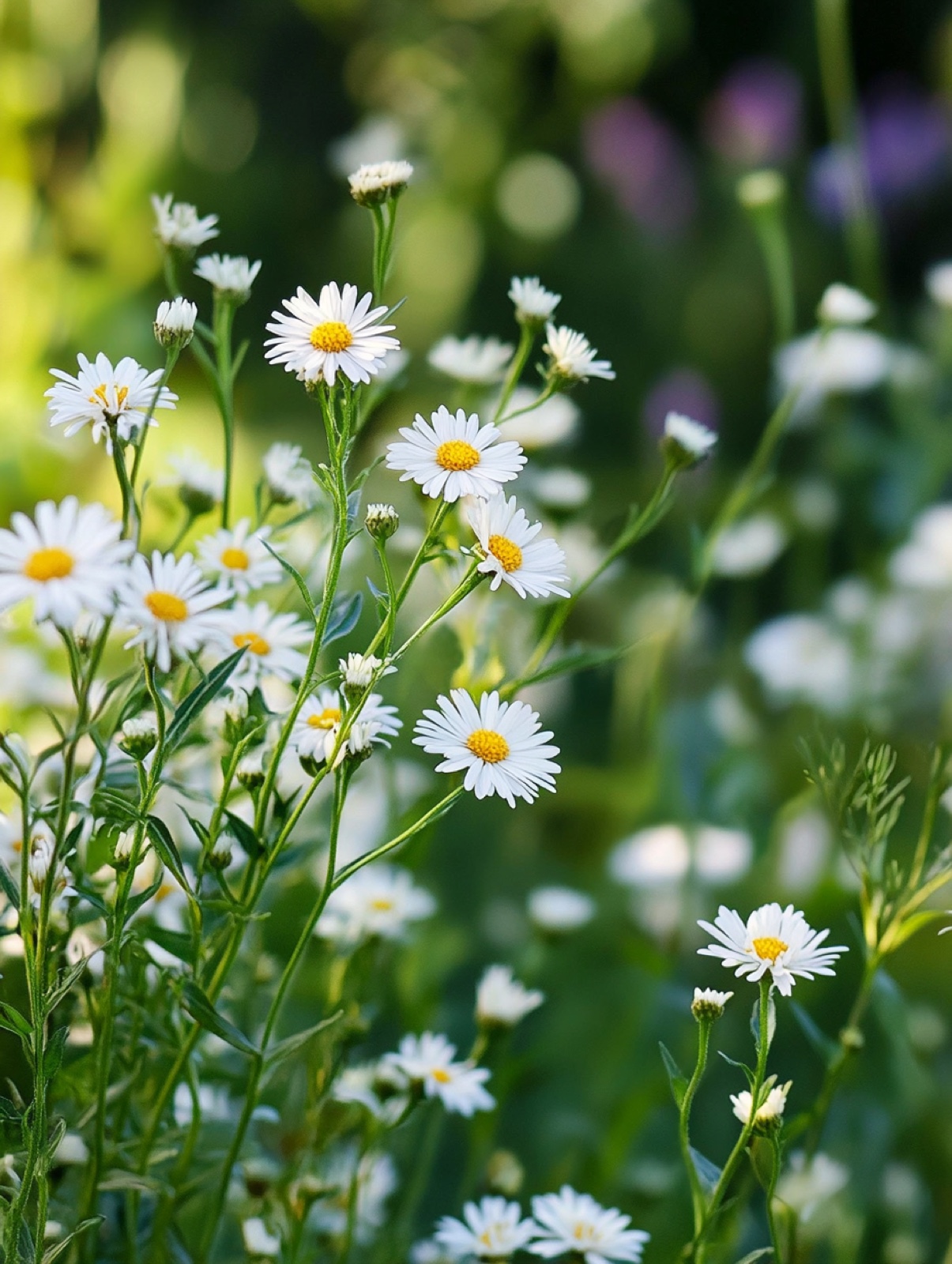 Boltonia asteroides Snowbank — dichte wolk kleine witte stermadeliefjes op hoog blauwgroen loof