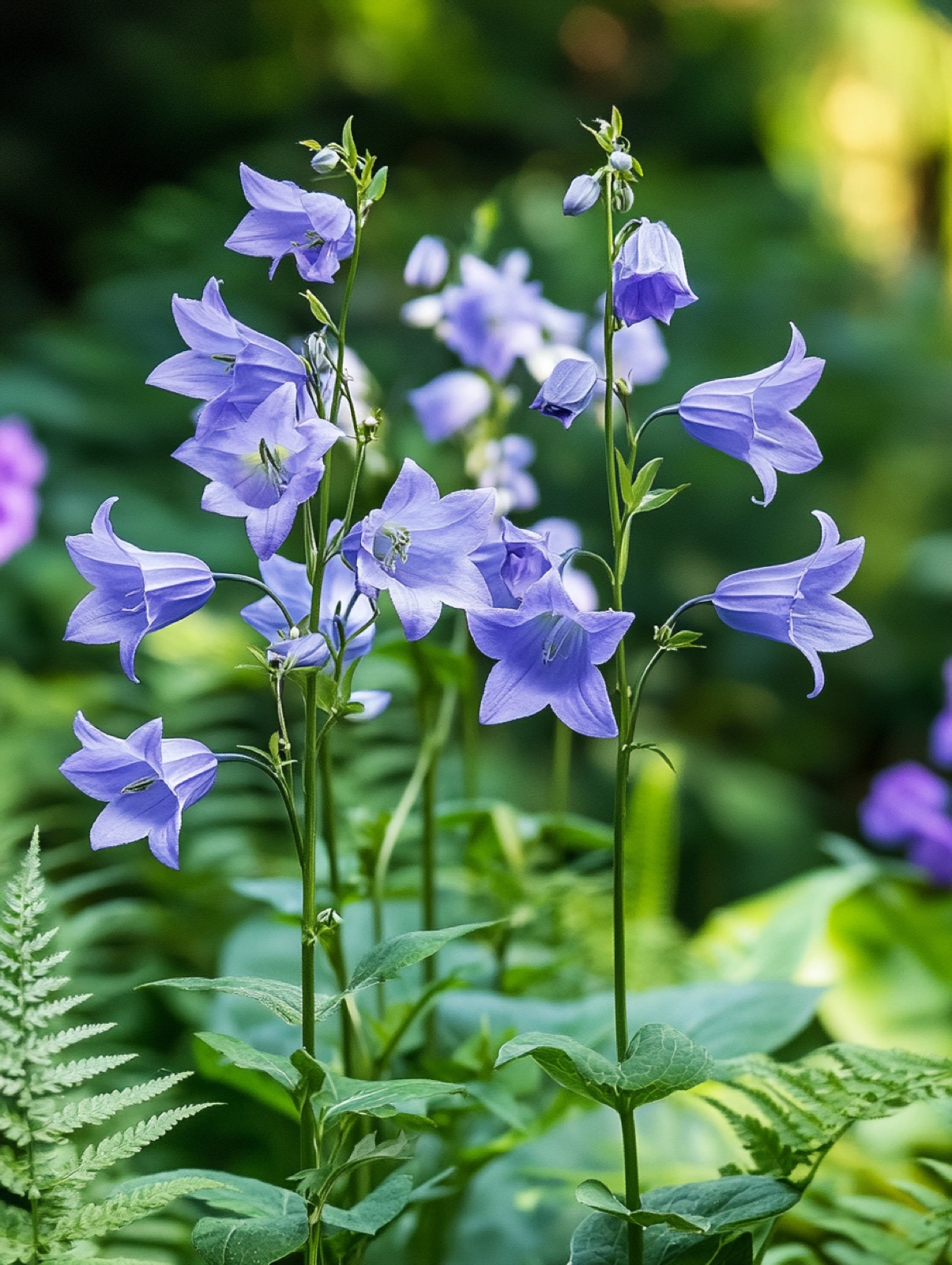 Campanula persicifolia — rechtopstaande stengels met lila-blauwe hangende klokjes in halfschaduw