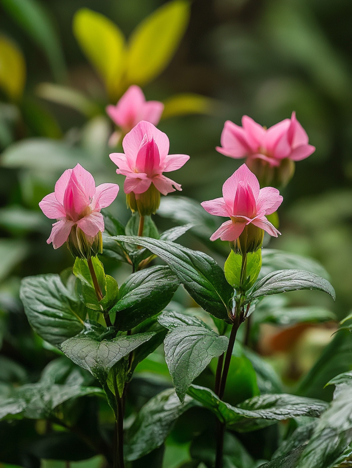 Chelone obliqua — roze schildpadkop-vormige bloemen in dichte aren boven glanzend donkergroen blad
