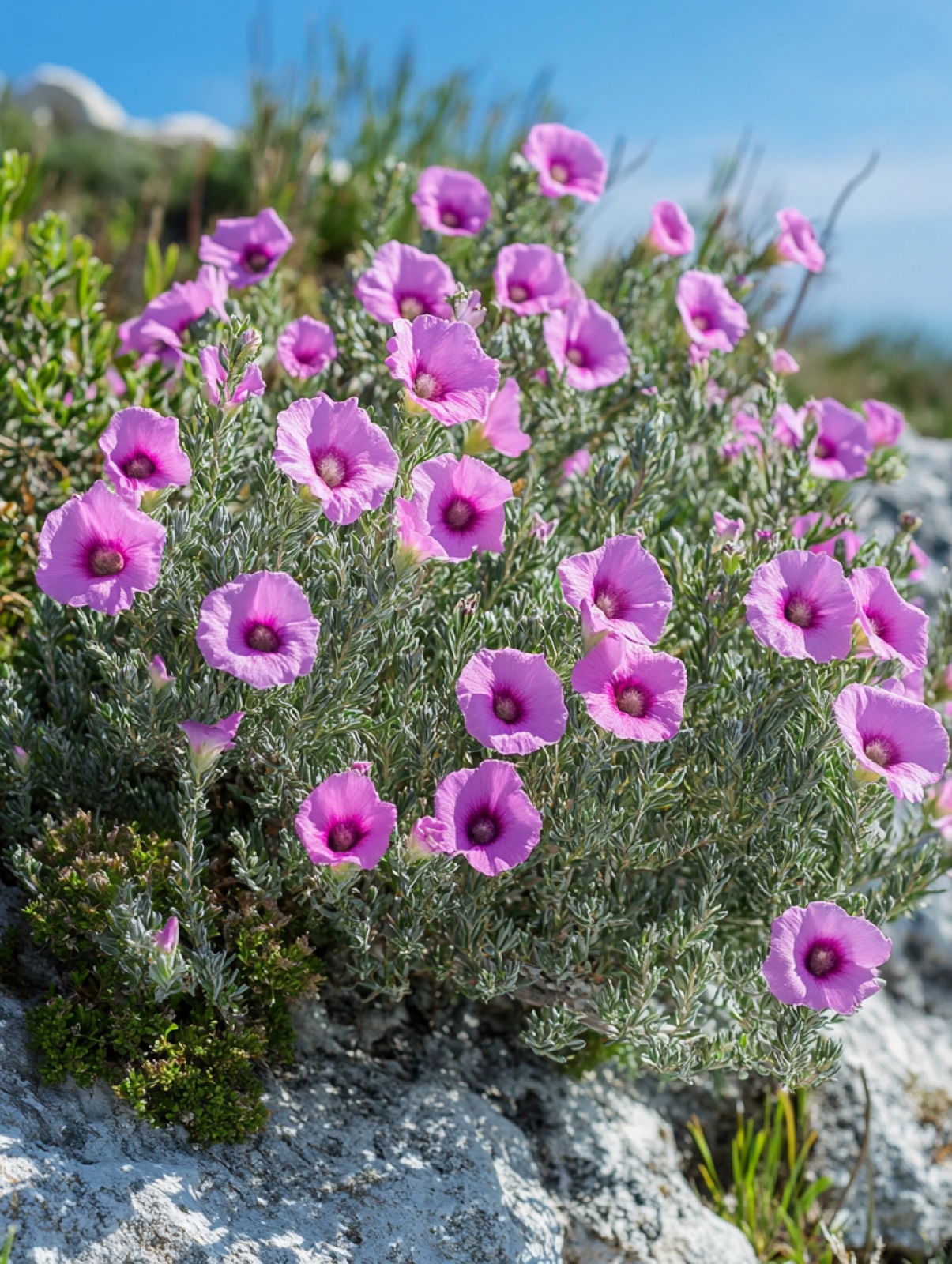 Cistus × purpureus — roze zijdezachte bloemen met purperen hartvlek boven grijsgroen wintergroen blad