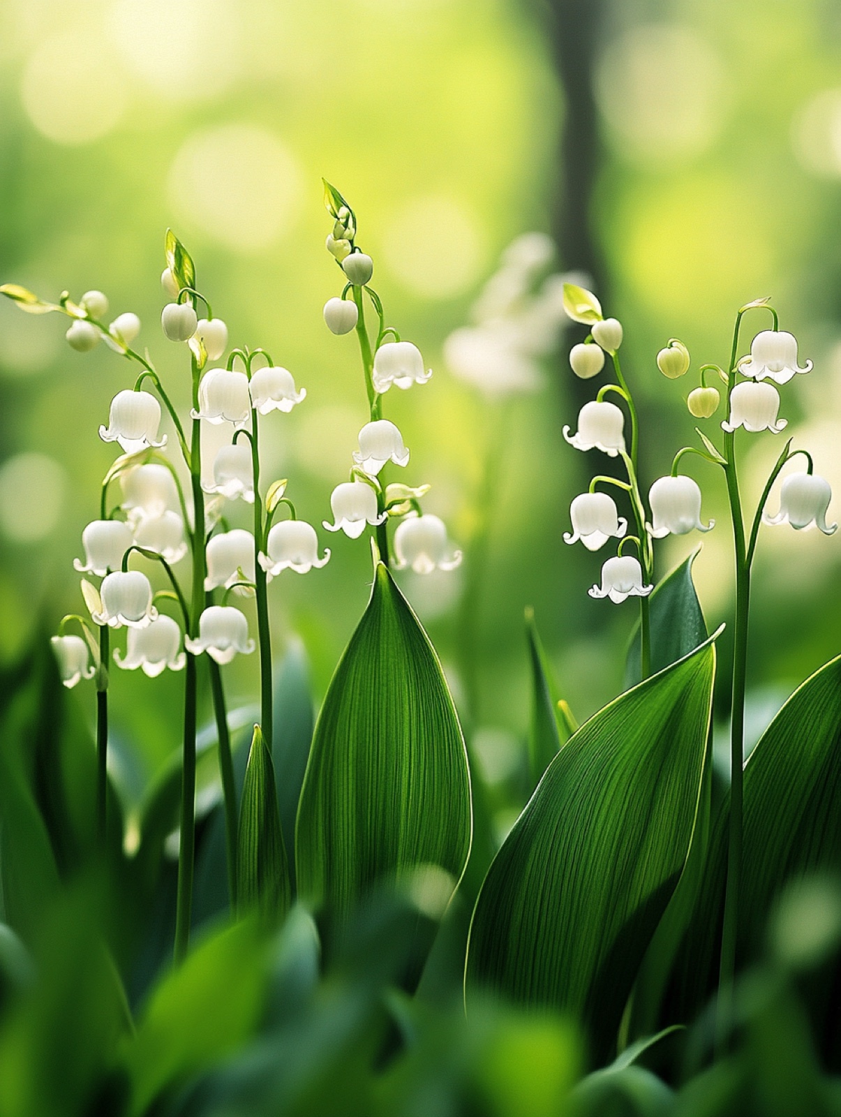 Convallaria majalis — witte geurende klokjes tussen frisgroene bladen op beschaduwde bosbodem
