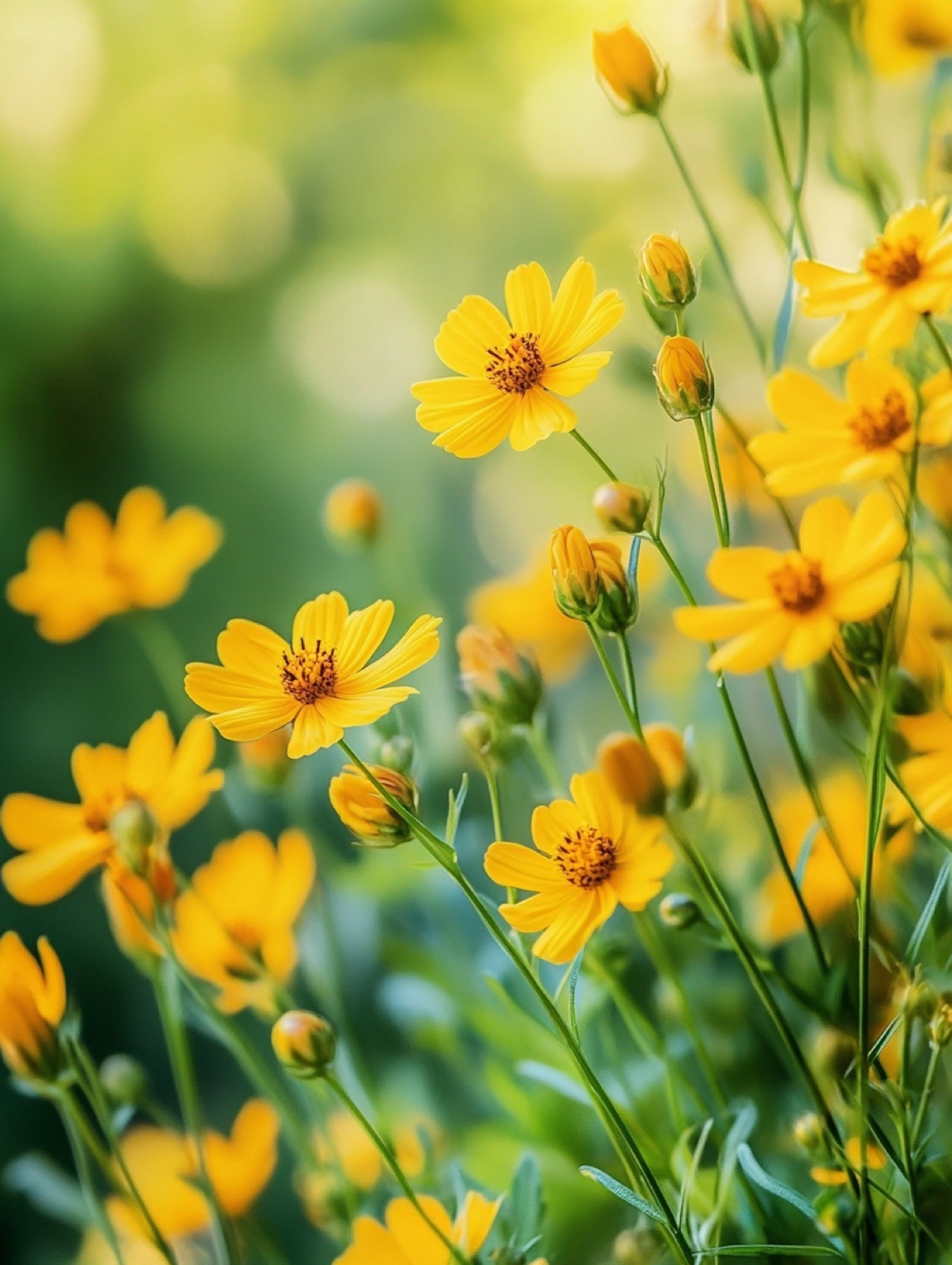 Coreopsis verticillata Grandiflora — wolk van gele stervormige bloemetjes op fijn naaldvormig groen blad