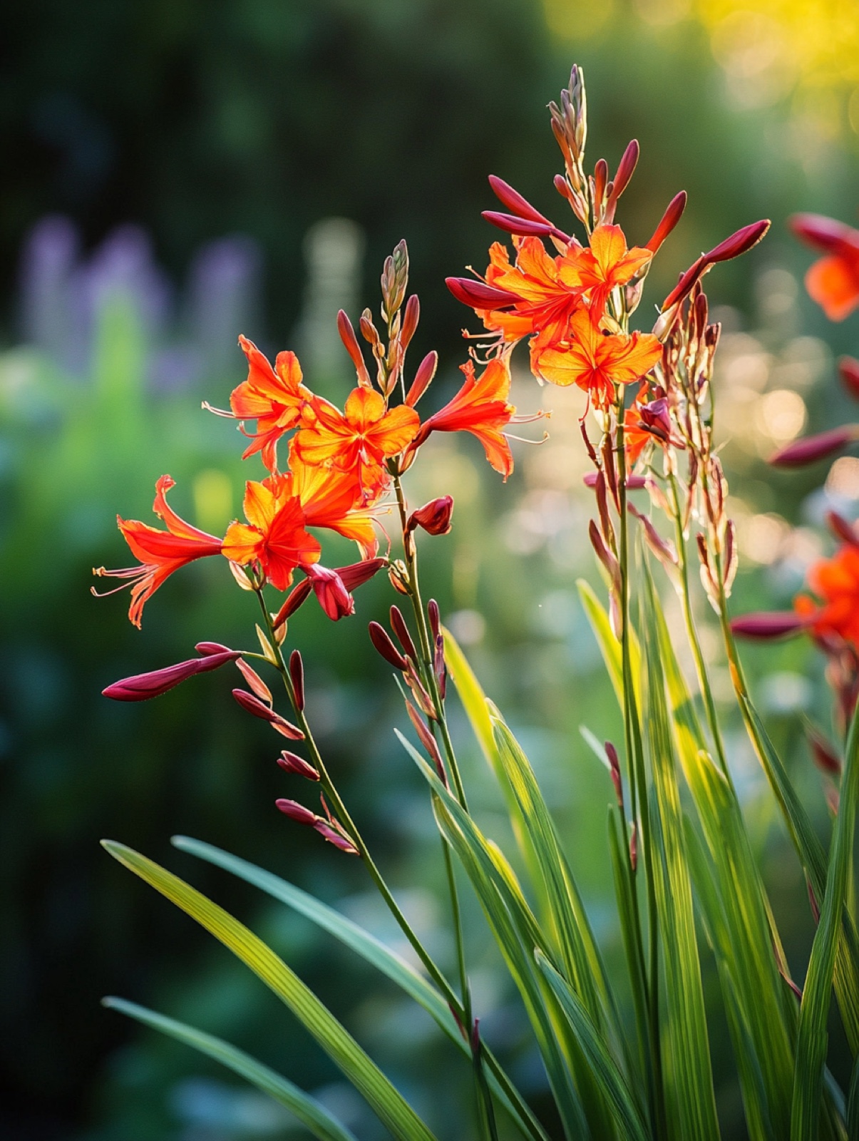 Crocosmia 'Lucifer' — vlammend rode bloemen aan sierlijk gebogen aren boven zwaardvormig blad
