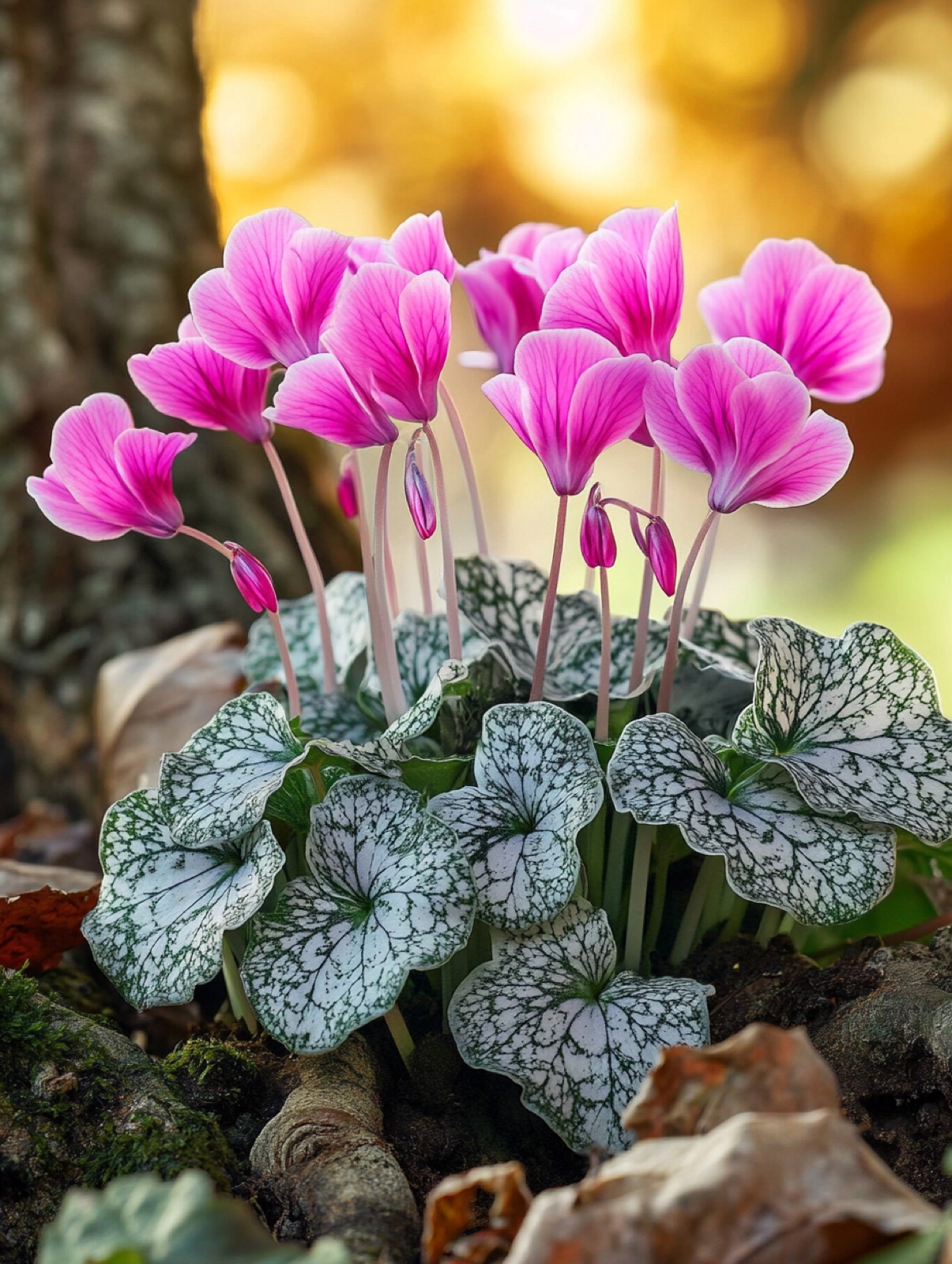 Cyclamen hederifolium — roze bloemen boven gemarmerd klimop-achtig blad tussen boomwortels