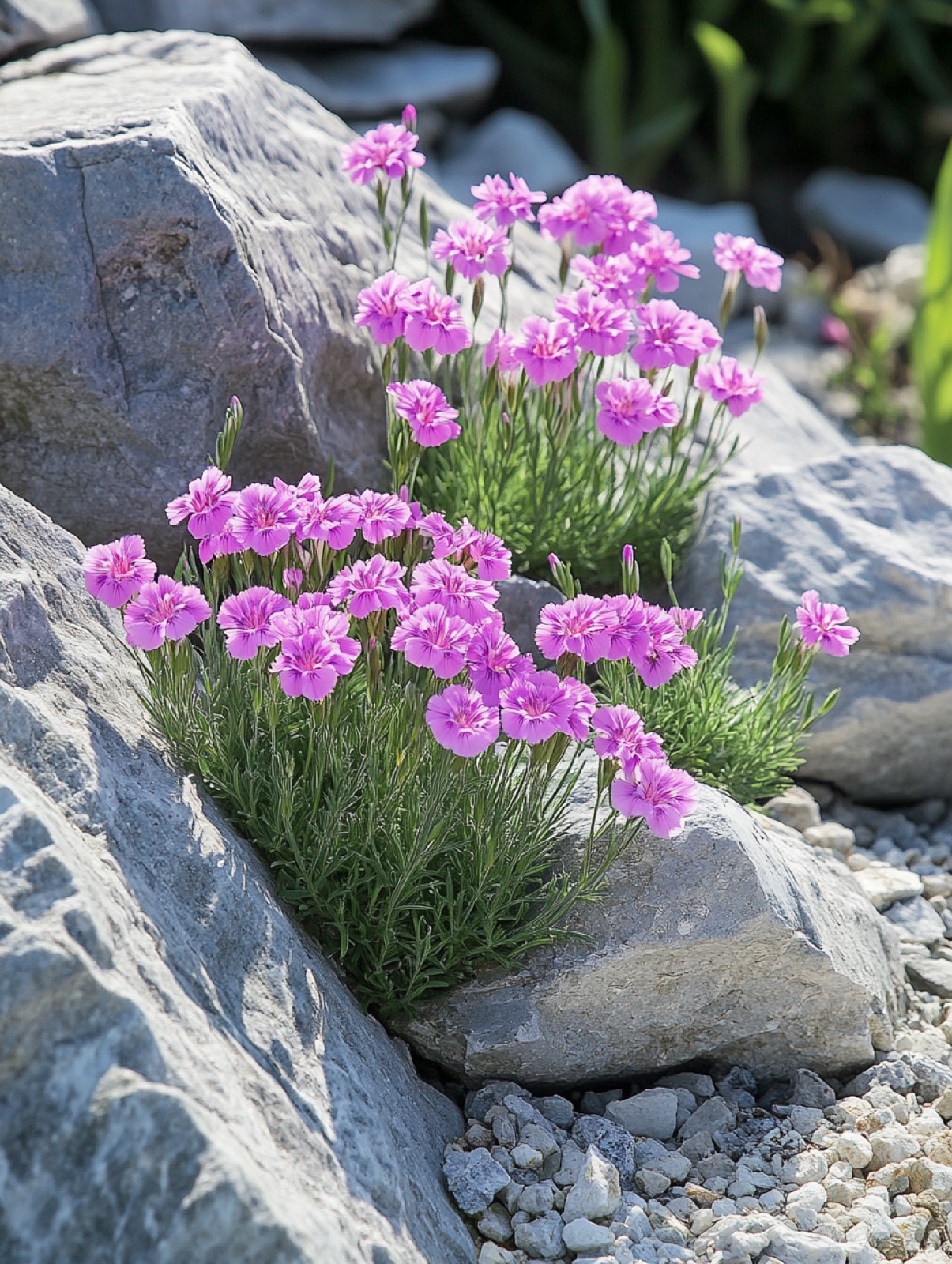 Dianthus gratianopolitanus — roze gefranjerde bloemen boven een dicht blauwgrijs bladkussen op steenachtige grond