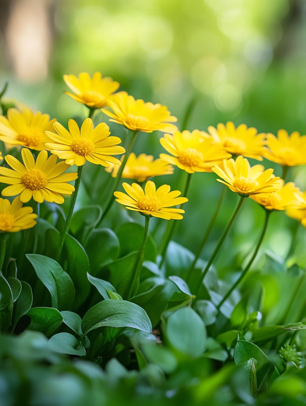 Doronicum orientale — heldergele daisy-bloemen op stelen boven hartvormig blad in aprilzon