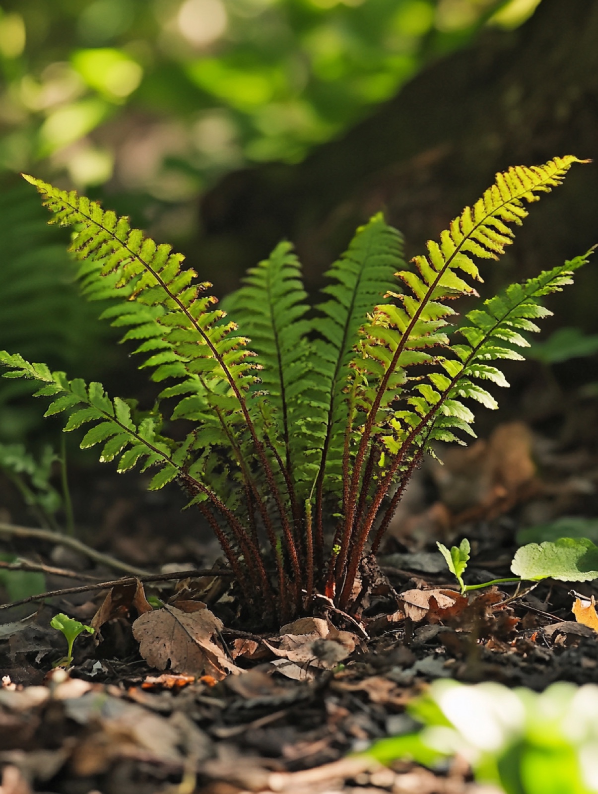 Dryopteris filix-mas — brede trechter van rechtopstaande dubbel geveerde varenbladen in bosschaduw