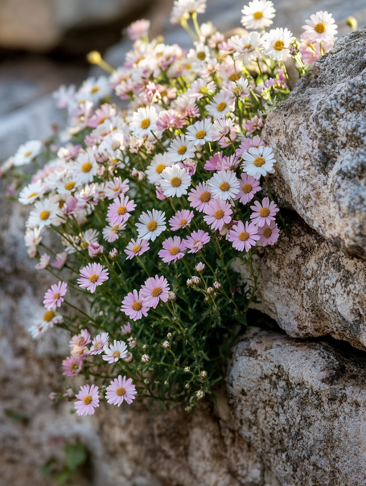 Erigeron karvinskianus — wolk van kleine madeliefjes die van wit naar roze verkleuren, over een droog muurtje