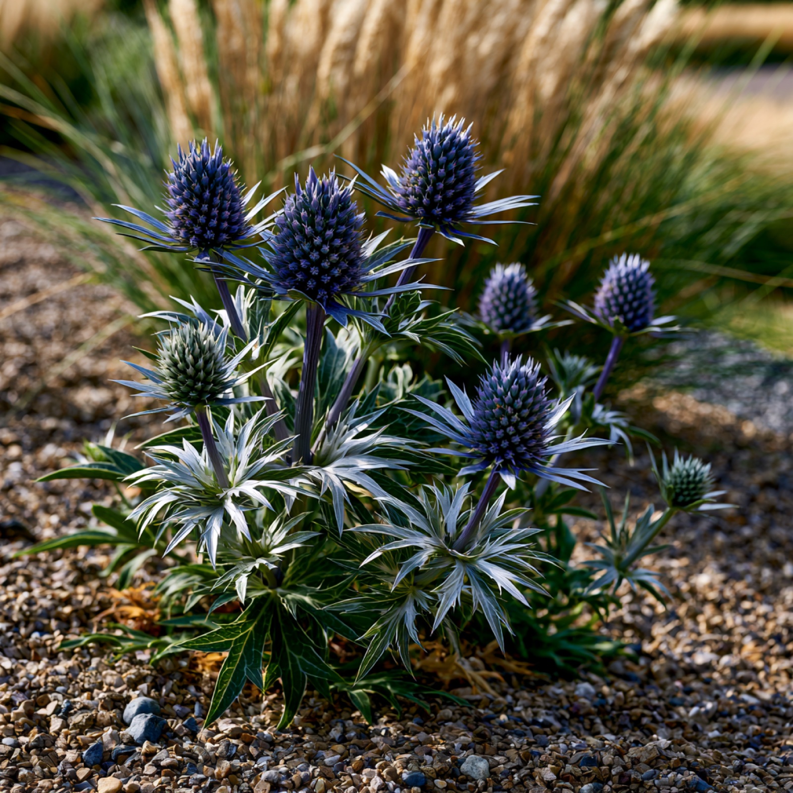 Eryngium bourgatii — staalblauwe distelbol met zilverwitte kraag in juli-zon