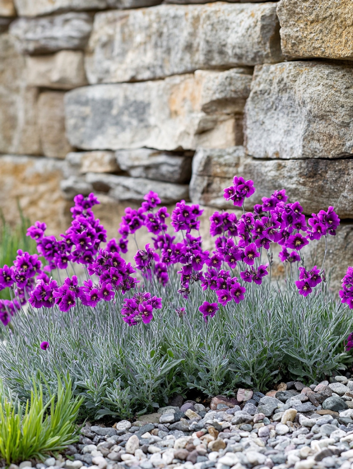 Erysimum 'Bowles Mauve' — mauve bloemtrossen boven grijsgroen wintergroen blad, overladen met bloei