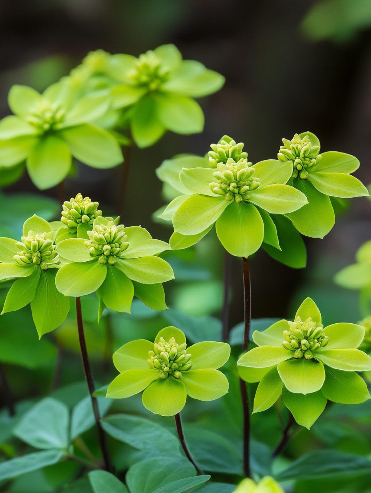 Euphorbia amygdaloides Robbiae — wintergroene bladrozetten met limoengroene bloemschermen in droge boomschaduw
