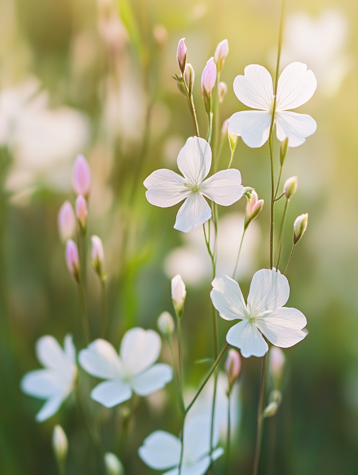 Gaura lindheimeri — witte vlinderachtige bloemen zwevend op dunne stelen in zacht avondlicht
