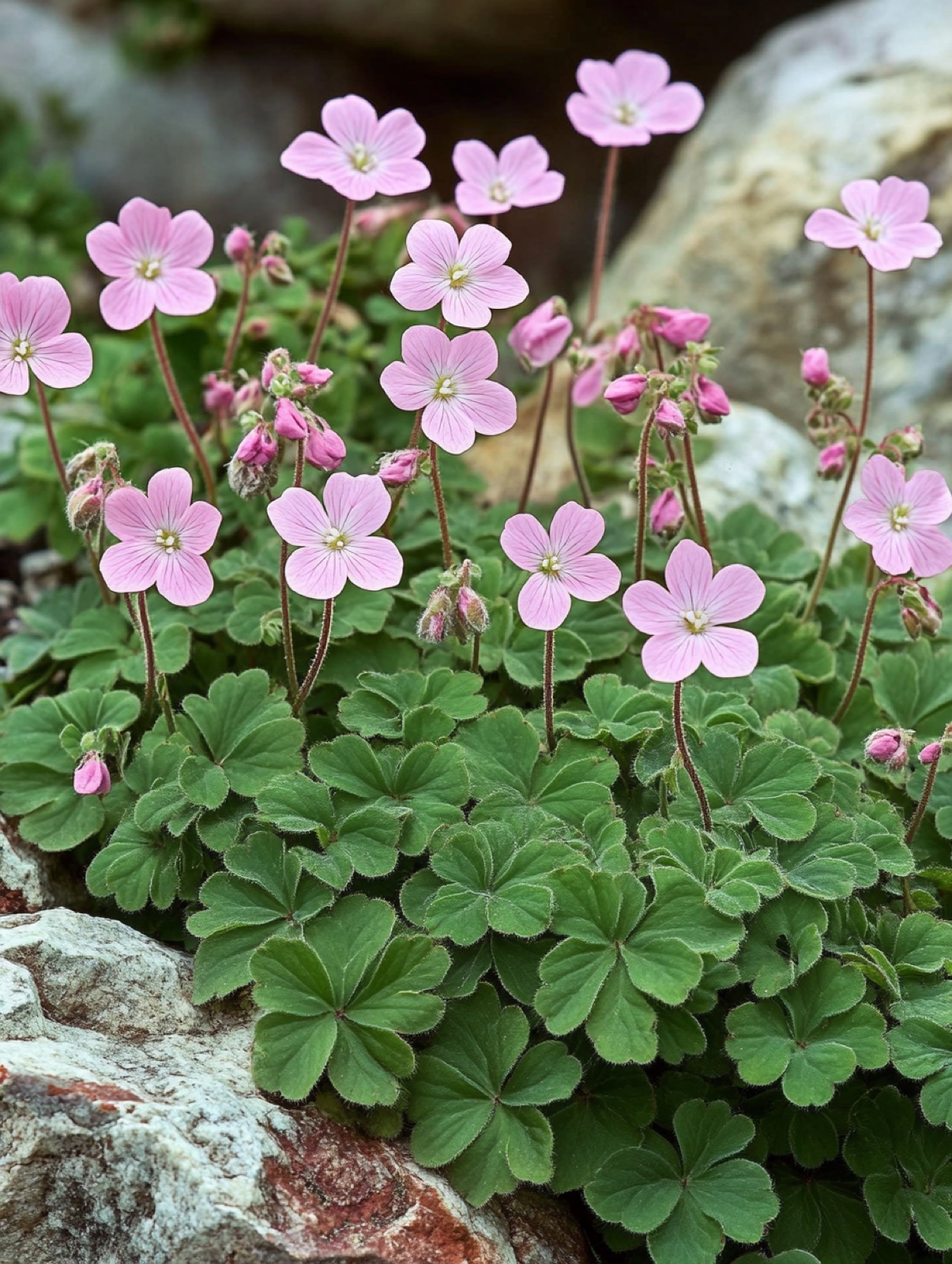 Geranium macrorrhizum — dicht tapijt van gelobd aromatisch blad met zachtroze bloemen in halfschaduw