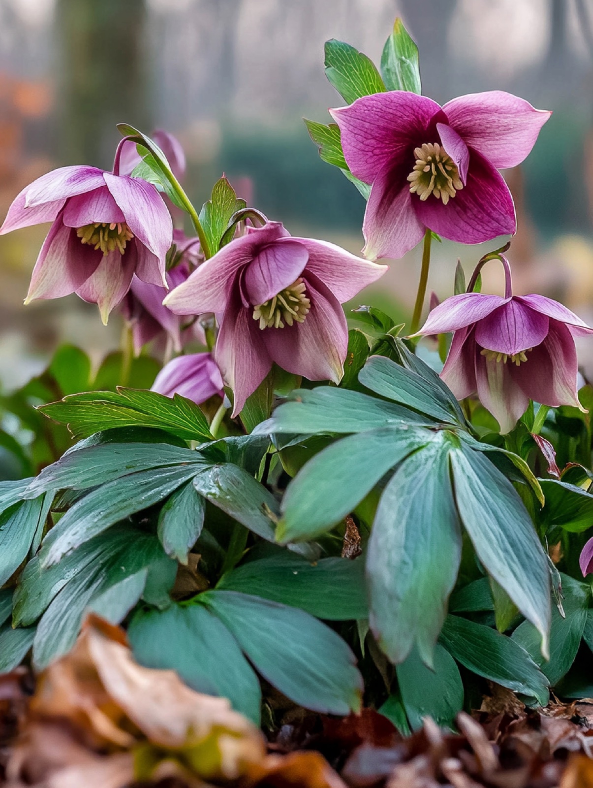Helleborus × hybridus — knikkende roze-paarse bloemen boven diep-groen leerachtig blad